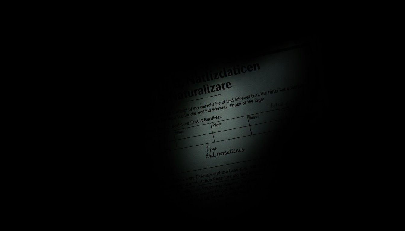 An extreme close-up photograph of a partially obscured U.S. naturalization certificate, conveying the serious, investigative nature of citizenship fraud cases.