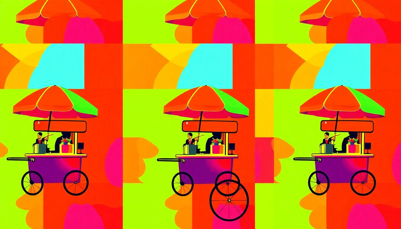 A highly stylized, pop art-inspired illustration featuring a repeating pattern of a colorful food vendor cart, capturing the energy and festive atmosphere of a community street fair.