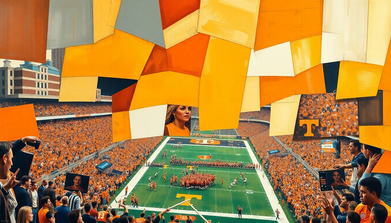 A cubist, geometric painting depicting a Tennessee Volunteers football game, with players and the field broken down into sharp, overlapping shapes and planes of color, capturing the dynamic energy and uncertainty of the team's quarterback competition.