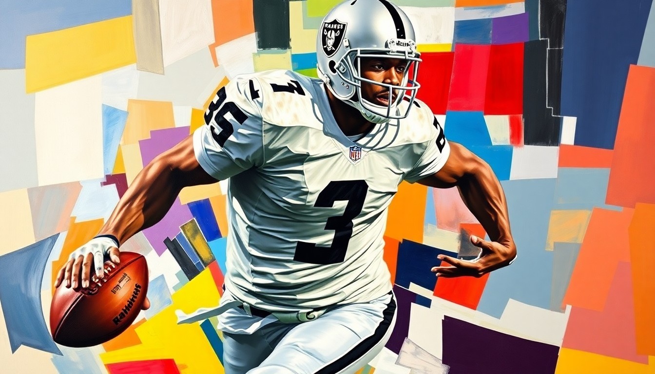 A fractured, multi-perspective painting that breaks down a football player in motion into sharp, overlapping geometric planes in vibrant colors, conceptually representing the surprises and overreactions of the NFL Draft.