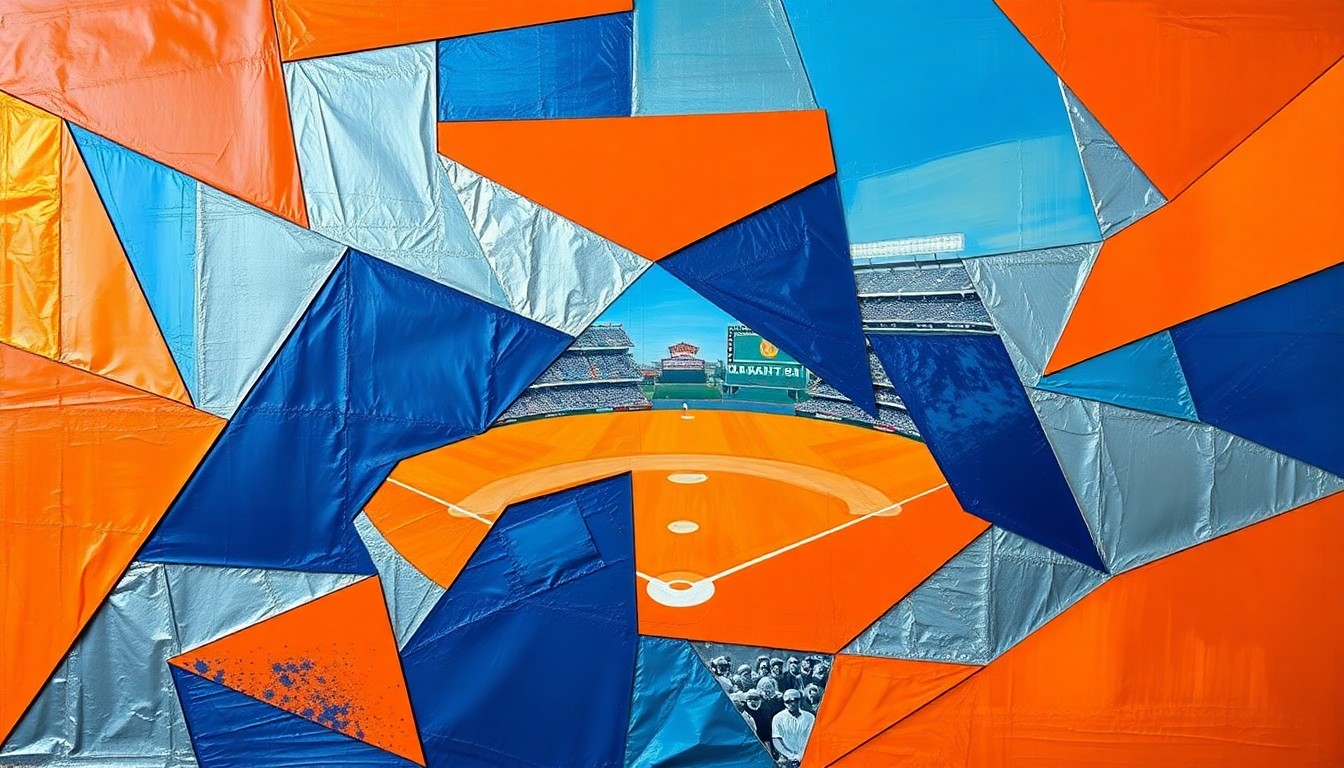 A cubist-style painting featuring sharp, overlapping geometric shapes in bright orange, deep blue, and metallic silver, capturing the dynamic action and energy of a baseball game.