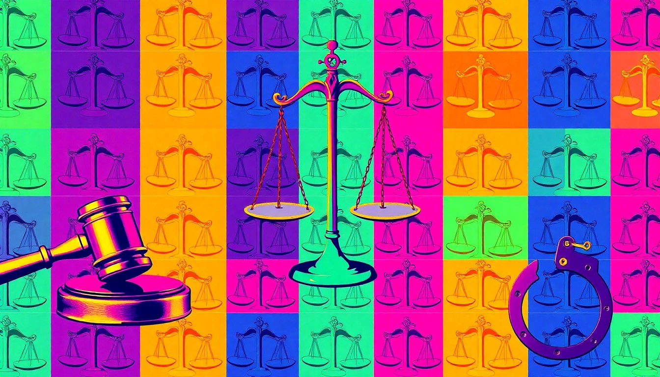 A bold, colorful silkscreen print featuring repeated images of a gavel, scales of justice, and handcuffs in a grid pattern, conceptually representing the themes of the Equal Justice Art Show.