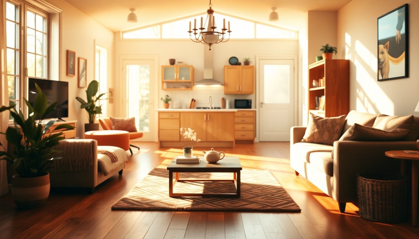 An abstract, impressionistic photograph of a cozy living room with warm wood floors, plush furniture, and a glimpse of a kitchen, all bathed in a soft, hazy glow of natural light, conveying the inviting atmosphere of the property.