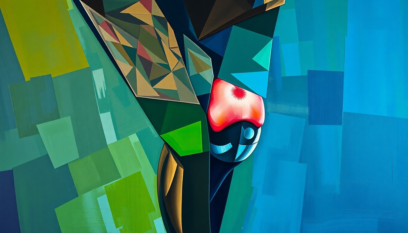 A cubist, geometric painting depicting a fractured, multi-angled view of a football player's injured knee, using a muted color palette of blues, greens, and greys to convey the seriousness of the injury.
