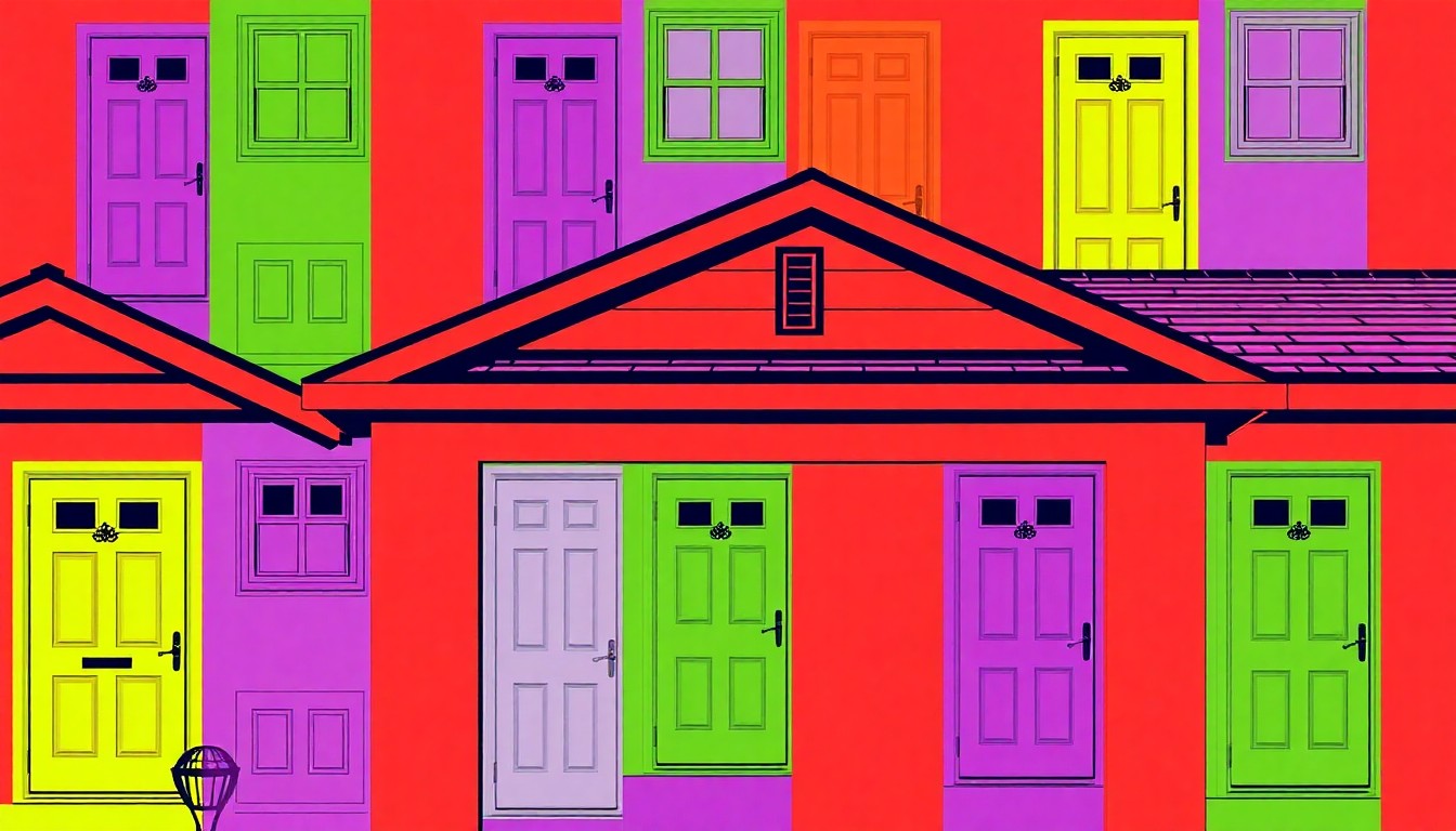 A highly stylized, abstract illustration of a residential home exterior, rendered in a bold, neon color palette with heavy black outlines, conceptually representing the updated and inviting nature of the property.
