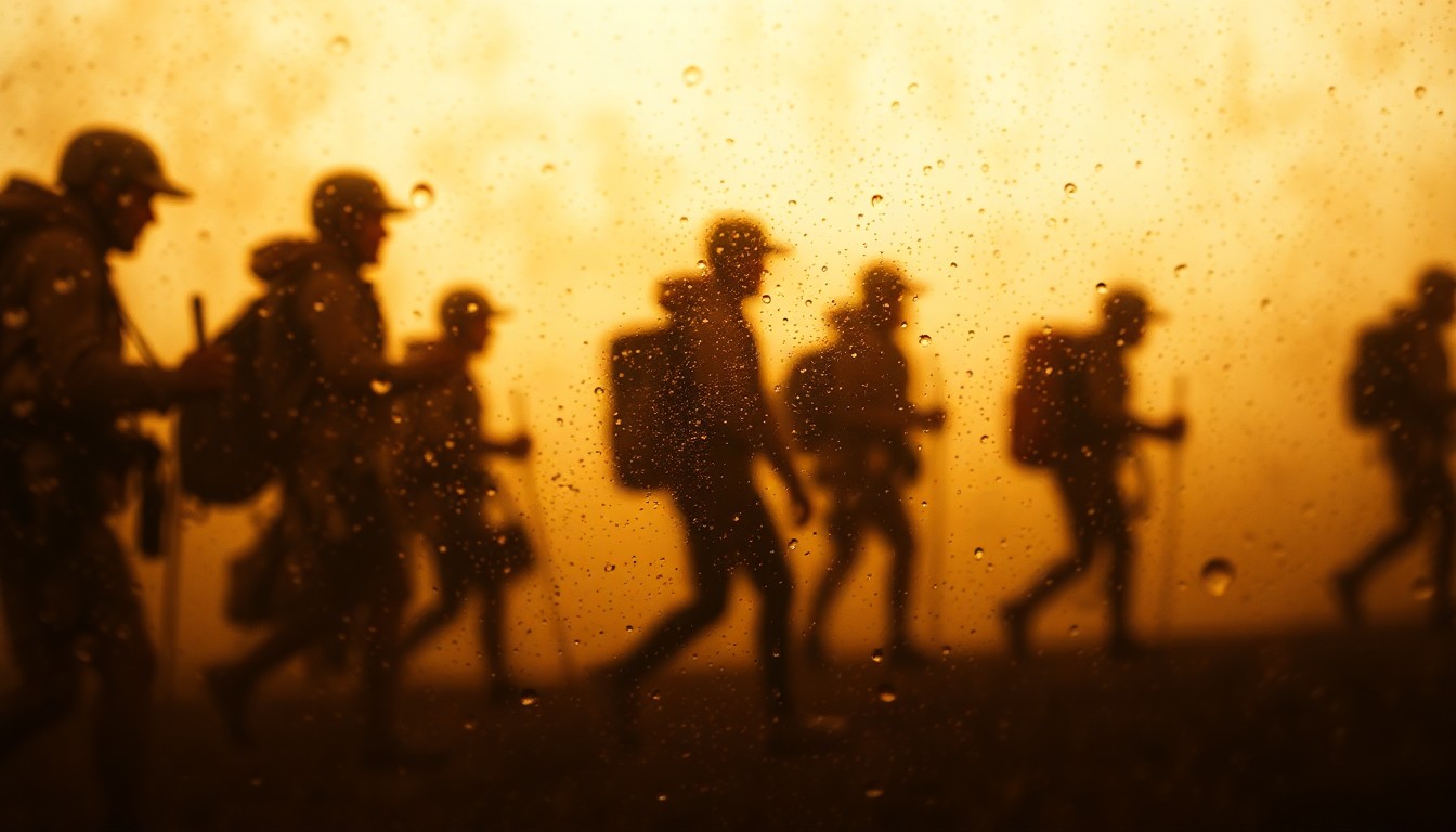 An abstract, impressionistic photograph with blurred, silhouetted figures and outdoor gear in a warm, earthy color palette, conceptually representing the immersive experience of the Banff Film Festival.