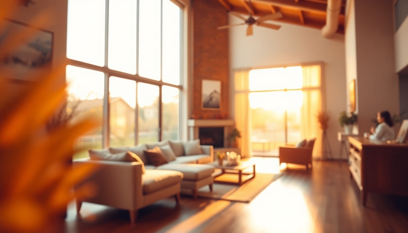 An extremely abstracted, out-of-focus photograph in soft pools of warm light and color, capturing the inviting atmosphere of a modern, open-concept living space.