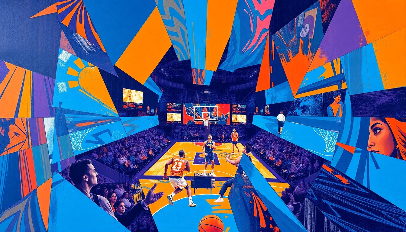 A fragmented, geometric painting in bold, clashing colors that captures the intensity and movement of a WNBA basketball game, with no recognizable figures or text.