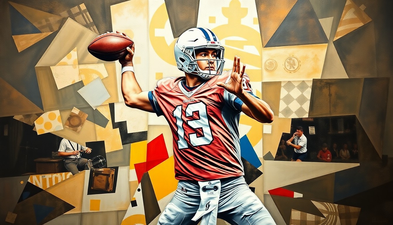 A conceptual cubist illustration depicting the fragmented, multi-angled movements of a college football quarterback in the midst of throwing a pass, the player's form broken down into sharp, overlapping geometric shapes and planes in a vibrant color palette.
