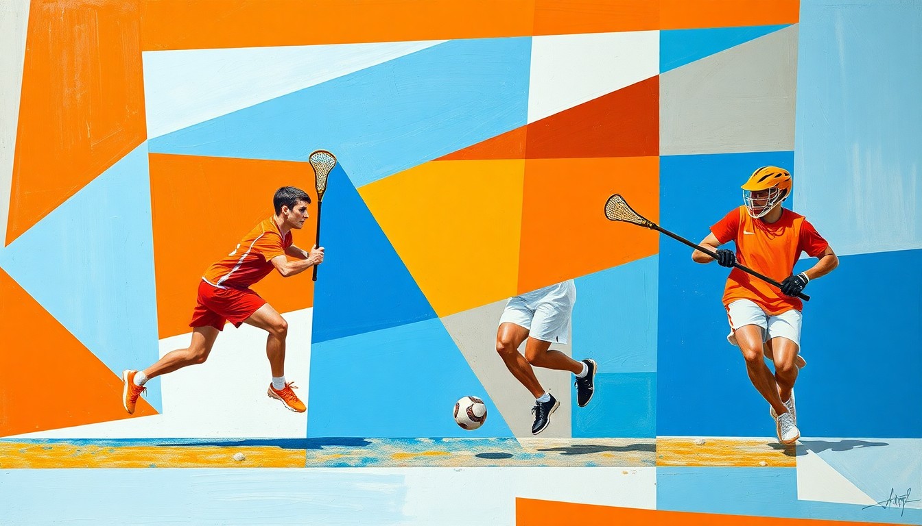 A fragmented, geometric painting depicting the dynamic movements and competitive spirit of a lacrosse game, with sharp planes of orange, blue, and white intersecting to capture the sport's fast-paced intensity.