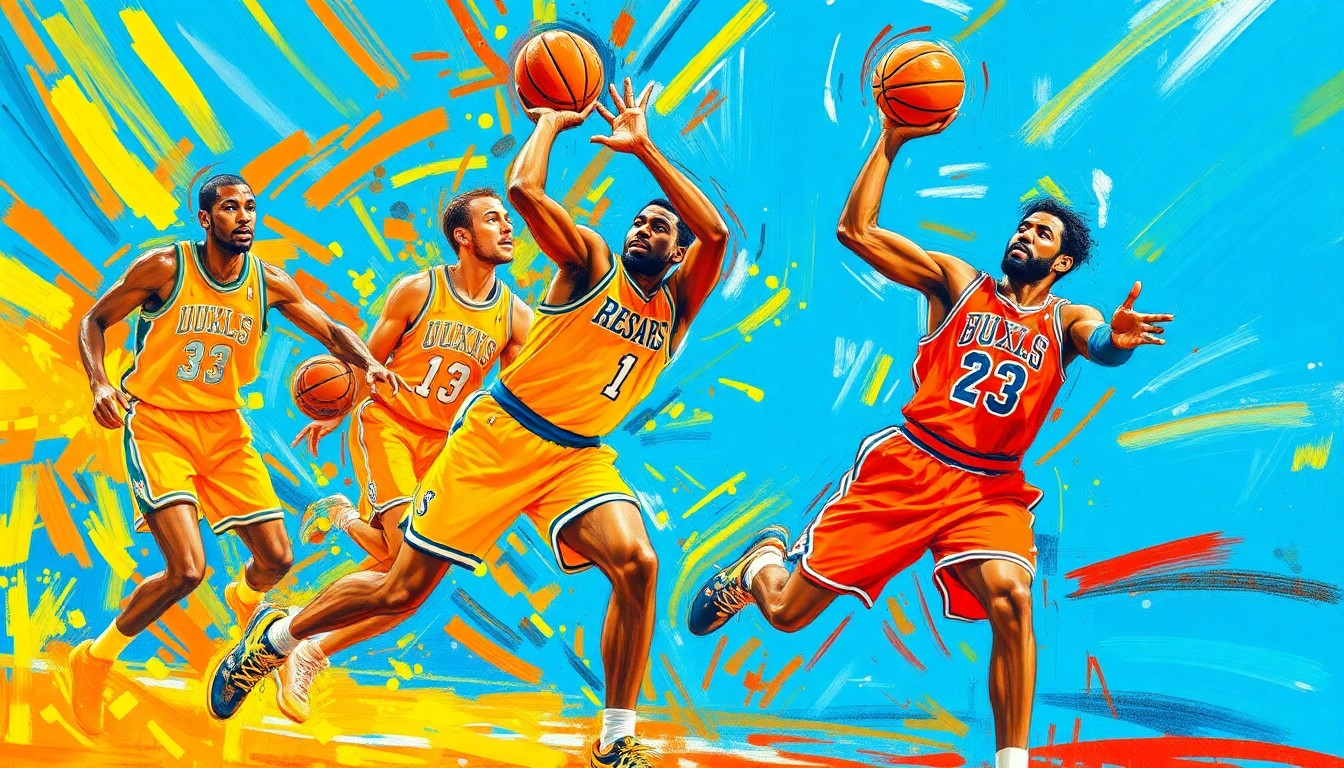 An abstract expressionist painting in vibrant neon colors, with rapid brushstrokes capturing the dynamic movement and energy of a basketball game.