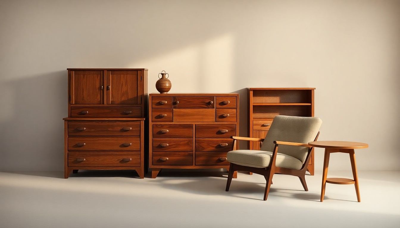 A high-end, photorealistic studio still-life photograph featuring a carefully arranged display of vintage wooden furniture pieces, including a sturdy oak dresser, a mid-century modern armchair, and a handcrafted side table, all set against a clean, monochromatic seamless background and dramatically lit to highlight the natural textures and craftsmanship of the furniture, conceptually representing the legacy and craftsmanship of the Bostic Sugg Furniture store.