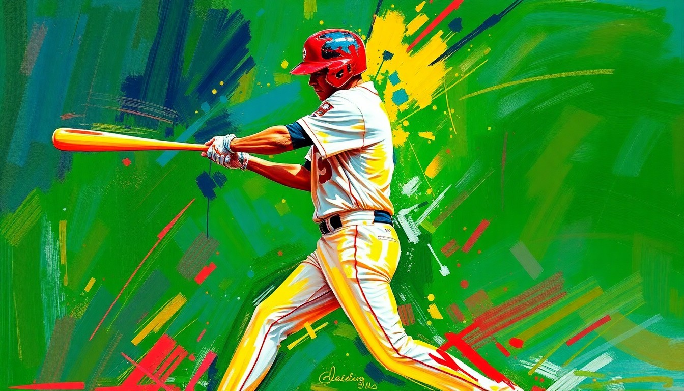 An abstract, expressionist painting in neon colors depicting the powerful swing and motion of a baseball player, capturing the raw energy and athleticism of the sport.