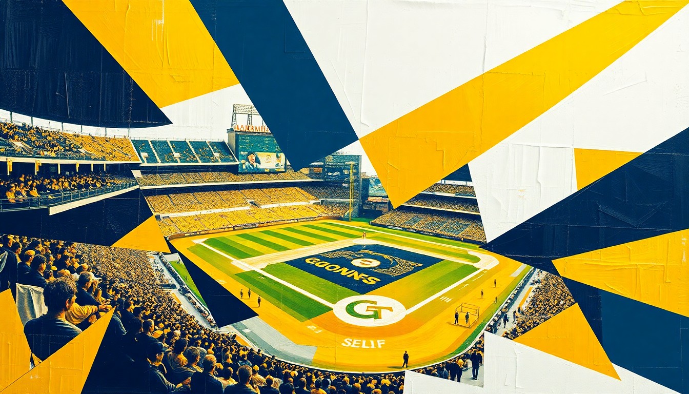 A cubist, geometric painting depicting a Georgia Tech baseball game, with the action broken down into overlapping planes of bright gold, navy blue, and white, capturing the dynamic energy of the game.