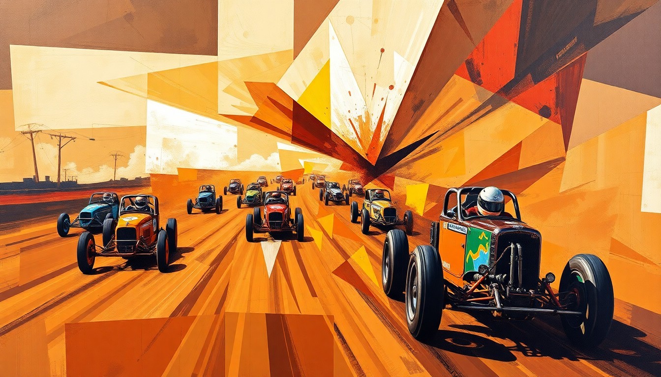 A fractured, multi-perspective painting in bold, angular shapes and vibrant earth-toned colors, capturing the raw energy and chaos of a dirt track race.