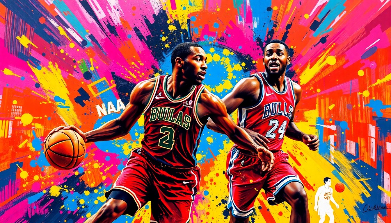 An abstract, expressionist painting featuring vibrant neon brushstrokes and splatters of color that capture the raw energy and dynamic movement of an NBA basketball game, with the figures of two players dissolving into the energetic composition.