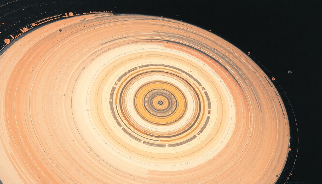 A bold, abstract painting in soft blues, greens, and oranges, featuring sweeping geometric arcs, concentric circles, and precise spirals, conceptually representing the complex forces and dynamics of the Orion spacecraft's reentry into Earth's atmosphere.