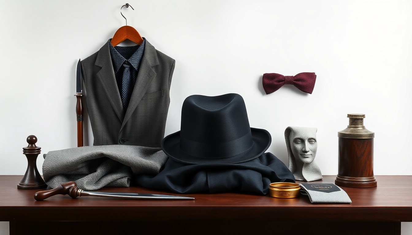 A minimalist studio photograph featuring a carefully arranged display of premium menswear fabrics, tailoring tools, and a single silk top hat, symbolizing Oliver Brown's expertise in traditional craftsmanship and formalwear.