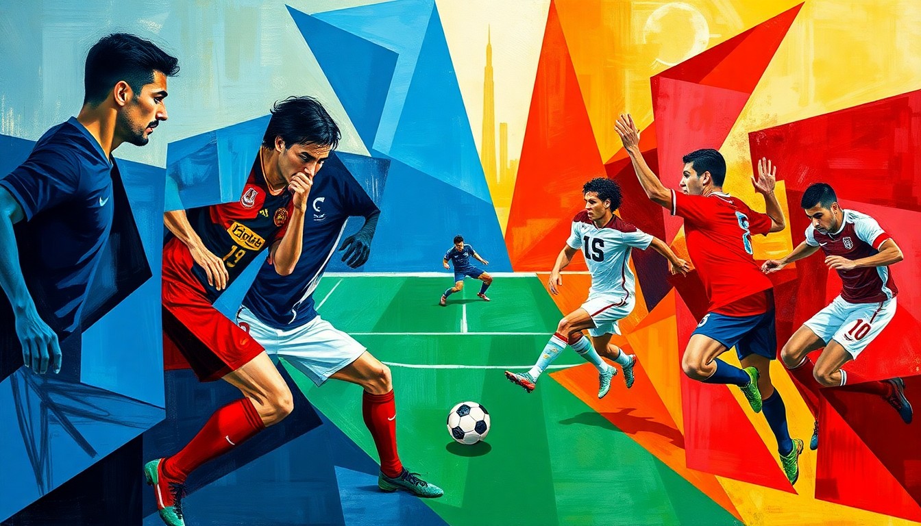 A cubist, geometric painting depicting an abstract soccer match between the Iranian and American national teams, with the players' forms broken down into sharp, overlapping shapes in a palette of deep blues, reds, and golds.