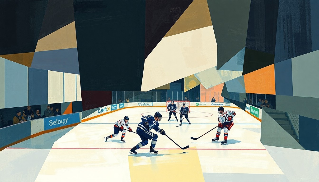 A cubist-style painting depicting a youth hockey game, with the players and the rink broken down into sharp, overlapping geometric shapes and planes, conveying the dynamic and competitive nature of the sport.