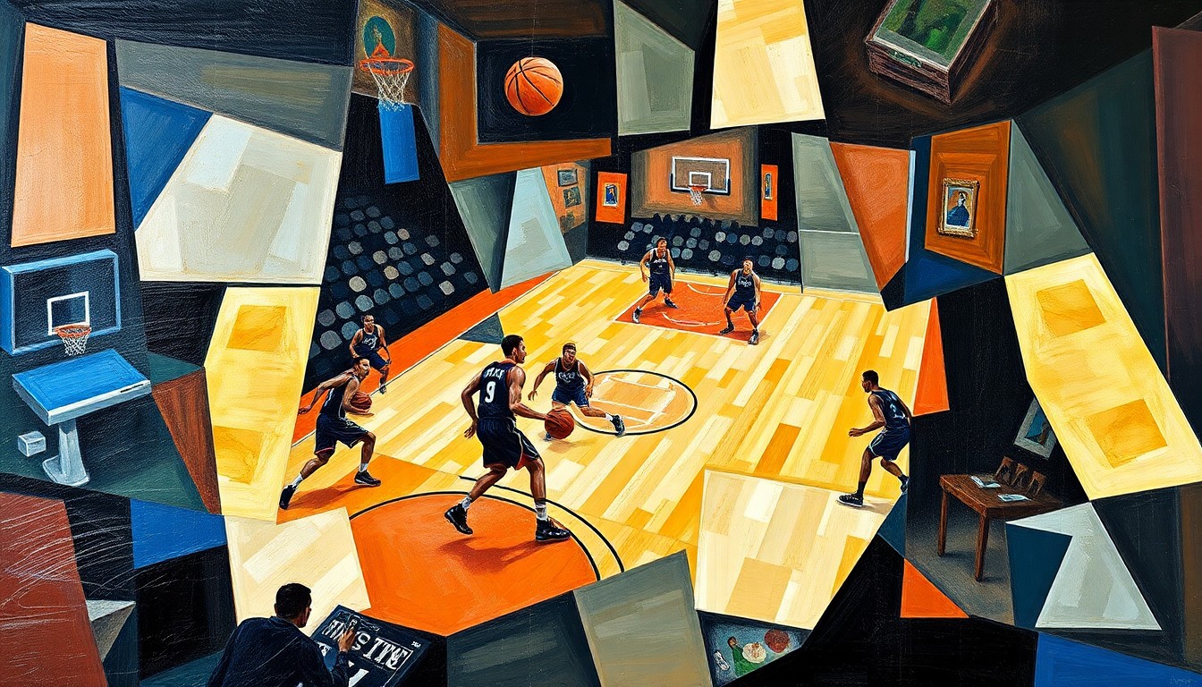 A fractured, cubist-style painting depicting the dynamic movements and energy of a basketball game, with players and the court deconstructed into sharp, overlapping geometric shapes and planes in vibrant colors.