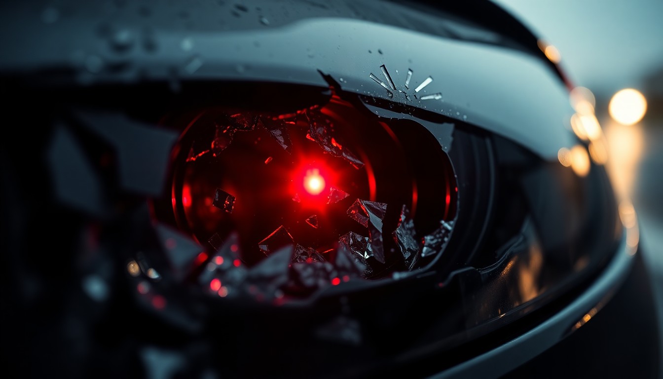 An extreme close-up photograph of a shattered car sensor lens reflecting a faint red light, conceptually illustrating the aftermath of a fatal vehicle crash.