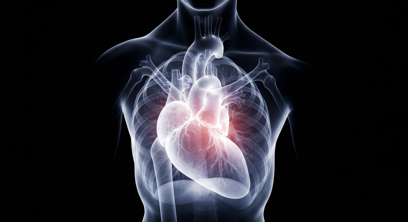 A translucent X-ray photograph revealing the strained heart and lungs of a person in the throes of exercise addiction, with the internal structures glowing against a dark background to symbolize the physical toll of the condition.
