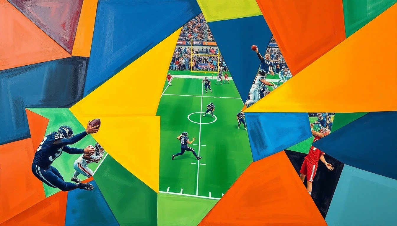 A fractured, multi-perspective painting in bold, geometric shapes and colors, conceptually representing the intricate power dynamics and legal battles surrounding the NFL's player contract practices.