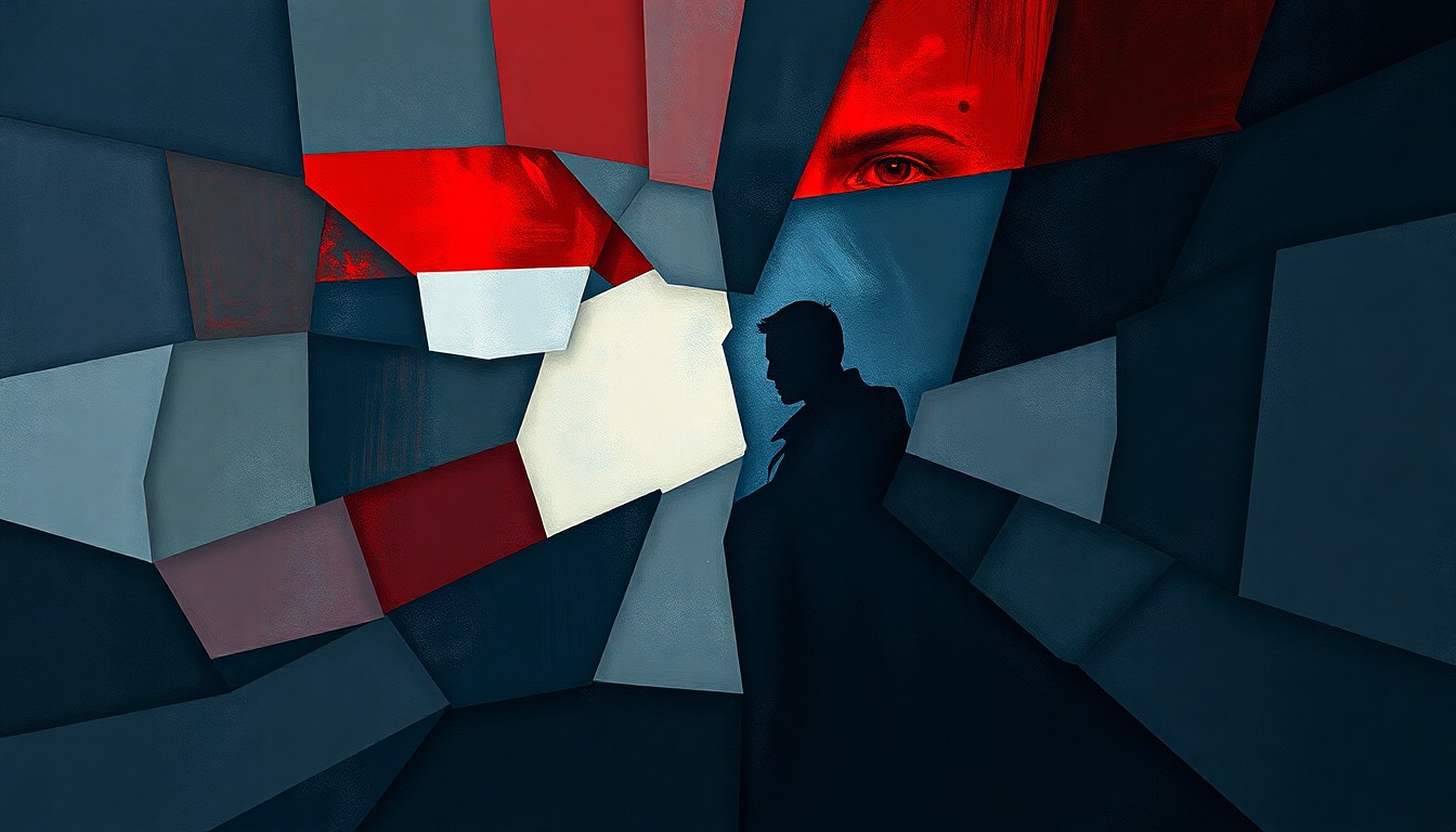 A fractured, abstract painting in shades of blue, grey, and red, depicting a shadowy figure representing the Hungarian government or political system, with a bright light source in the background symbolizing the influence of foreign powers. The overlapping, geometric shapes create a sense of tension and movement, reflecting the complex dynamics at play in the Hungarian election.
