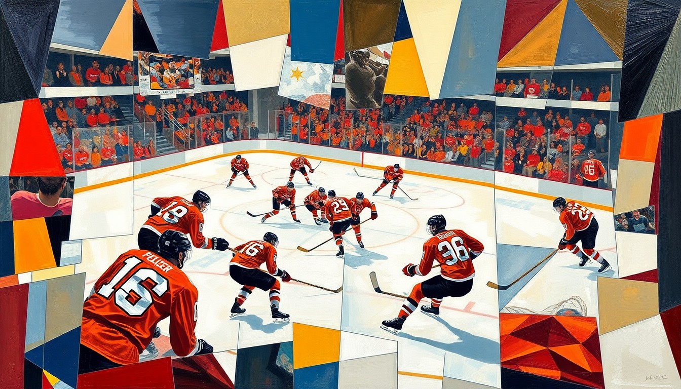 A cubist-style painting featuring overlapping geometric planes in shades of orange, blue, and white, abstractly representing the energy and momentum of a hockey game.