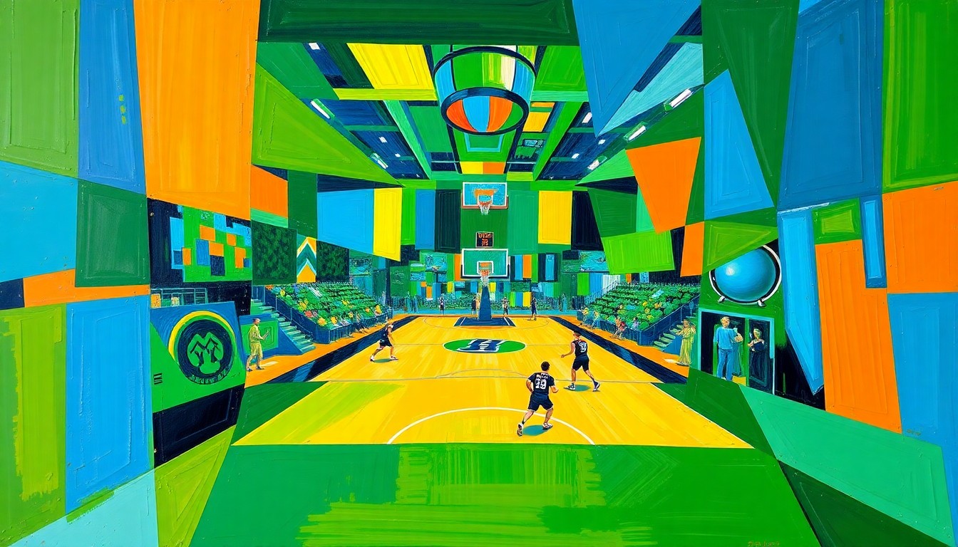 A cubist, geometric painting depicting the motion and energy of a college basketball game, with sharp, overlapping planes of color representing the action on the court.