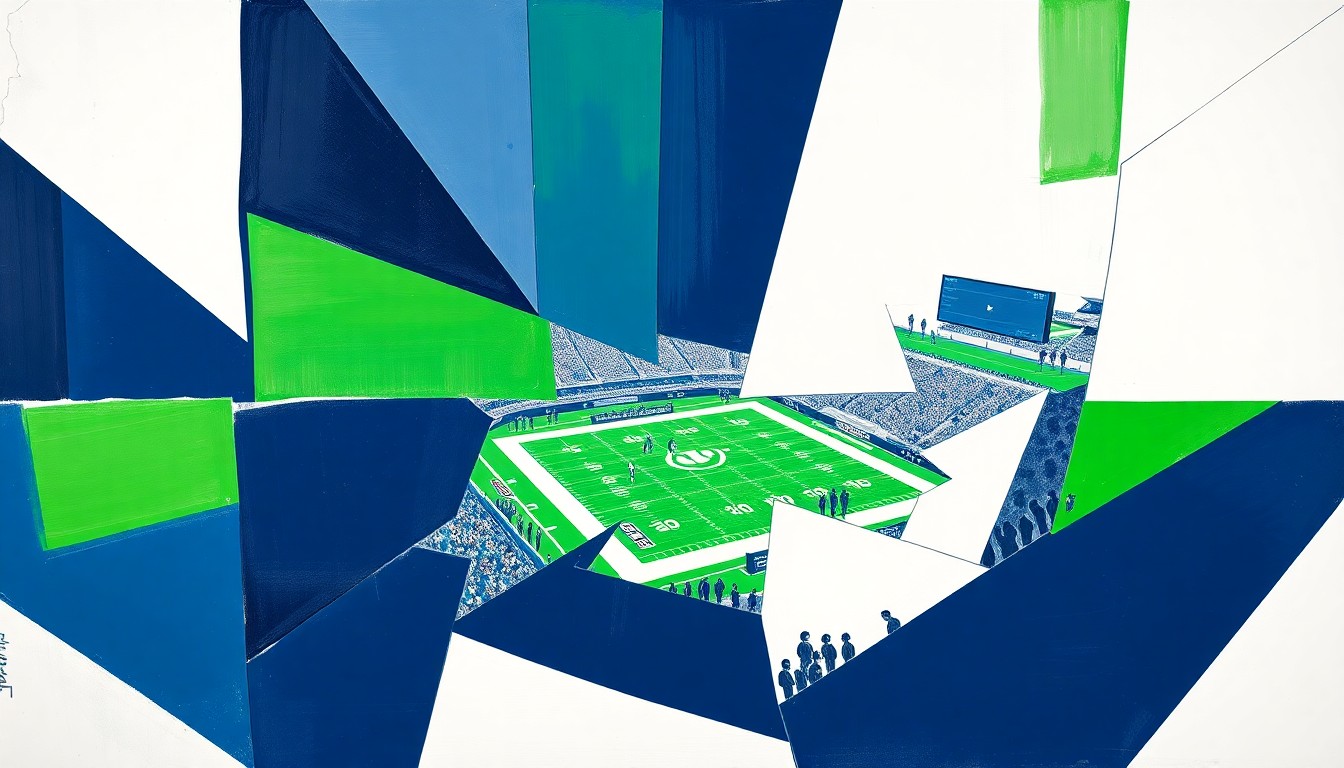 A fragmented, geometric painting in navy, white, and green hues depicts the dynamic motion and multiple perspectives of a college football game.