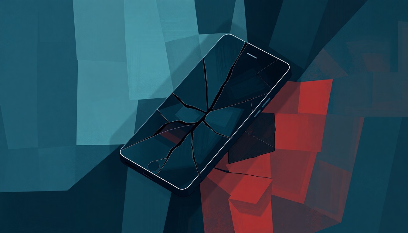 A fragmented, abstract painting depicting a broken smartphone or internet router, with overlapping geometric shapes in muted blues, grays, and reds, conveying the disruption and fragmentation of digital communication in Russia.