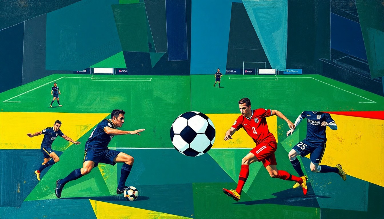 A fragmented, geometric painting depicting a soccer match, with overlapping angular forms representing the players' movements and the ball's trajectory in a palette of navy, green, and red.