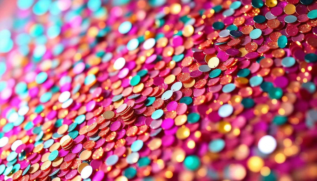 An abstract close-up photograph of shimmering, high-contrast sequins in vibrant colors, conveying the glamour and excitement of a major music festival performance.
