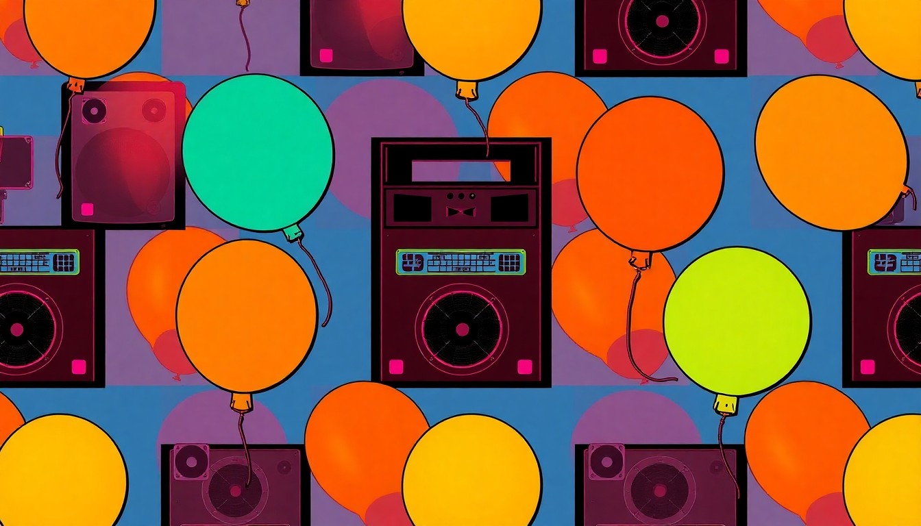A brightly colored, high-contrast silkscreen print of a colorful spring festival balloon repeated in a tight grid pattern, capturing the joyful energy of the annual event.