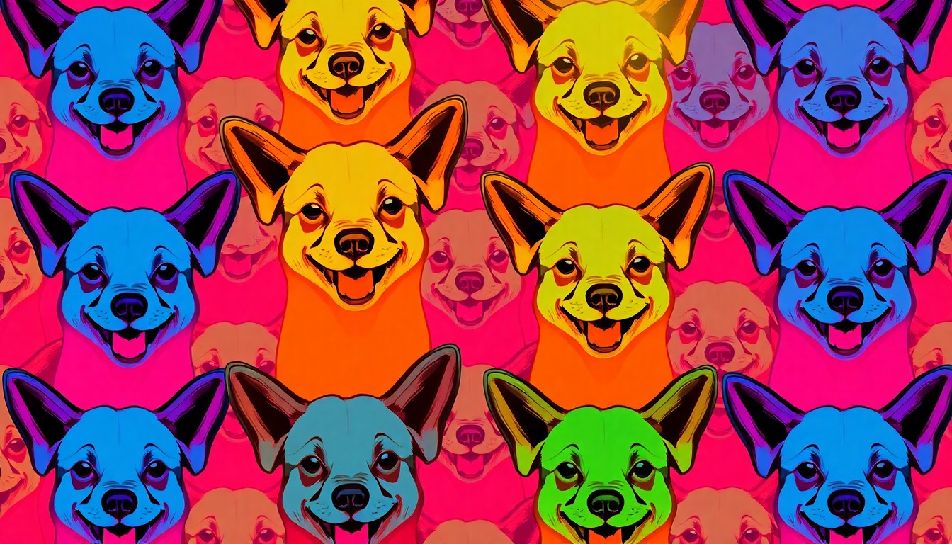 A vibrant, silkscreen-style illustration featuring a repeated pattern of a smiling dog's face in bright neon colors, conceptually representing the joyful energy of a community event celebrating canine companions.