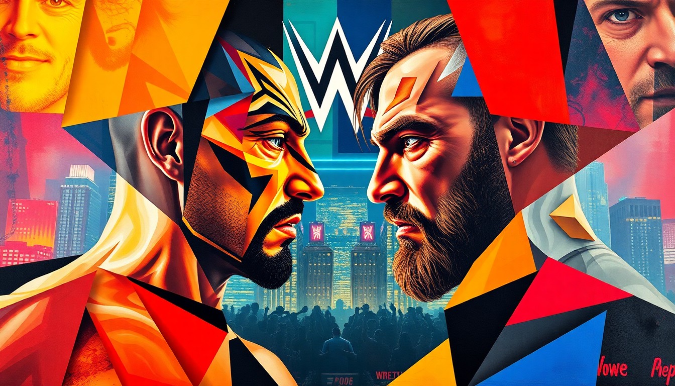 A cubist, geometric painting depicting two wrestlers in a WWE match, their bodies and faces fractured into overlapping planes of color and shape, set against a stylized, neon-tinged cityscape background.