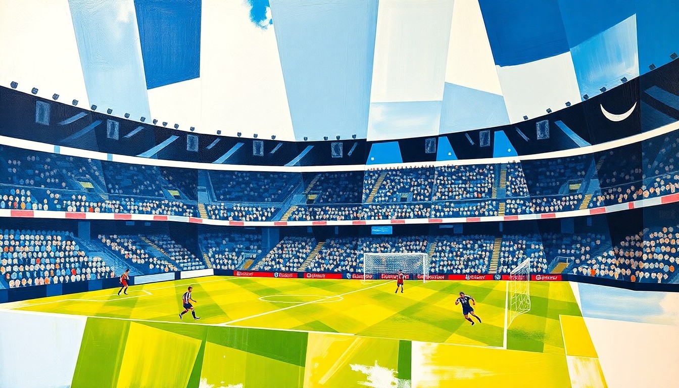 A fragmented, geometric painting depicting a Bristol Rovers football match, with the team's navy blue and white colors forming sharp, overlapping shapes that capture the dynamic energy of the game.