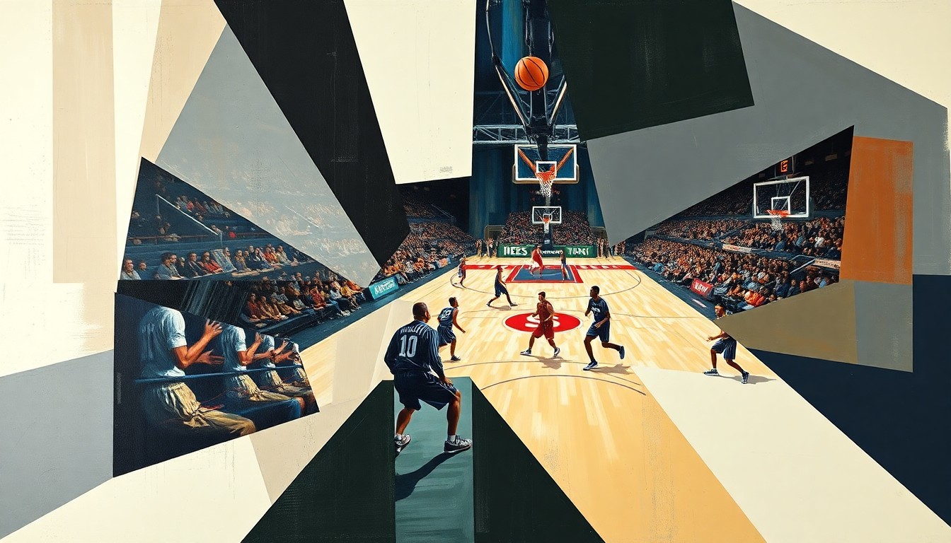 A dynamic, abstract painting in the cubist style, with sharp, overlapping geometric planes representing the energy and movement of a college basketball game. The composition is fragmented, reflecting the changing landscape of the sport.