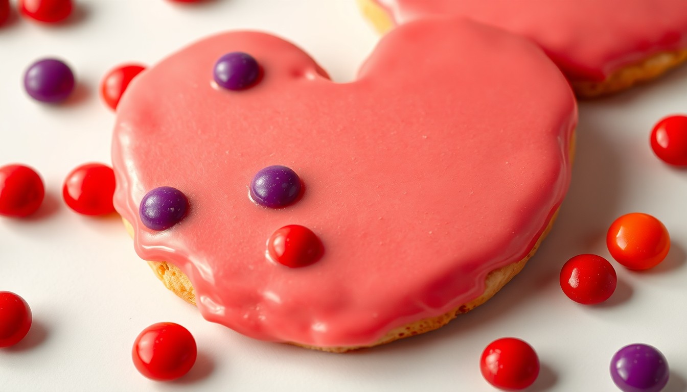 An extreme close-up photograph of a Mickey-shaped sugar cookie coated in a thick, glossy layer of strawberry-flavored frosting, with vibrant red and purple Skittles pieces scattered across the surface, conceptually representing the indulgent and polarizing nature of this new Disney treat.