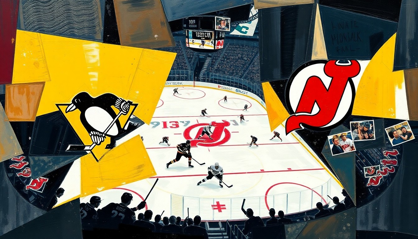 A cubist, geometric painting depicting a hockey game, with players and the rink broken down into sharp, overlapping planes of color and shape, conveying the dynamic nature of the sport and the Penguins' lineup decisions.