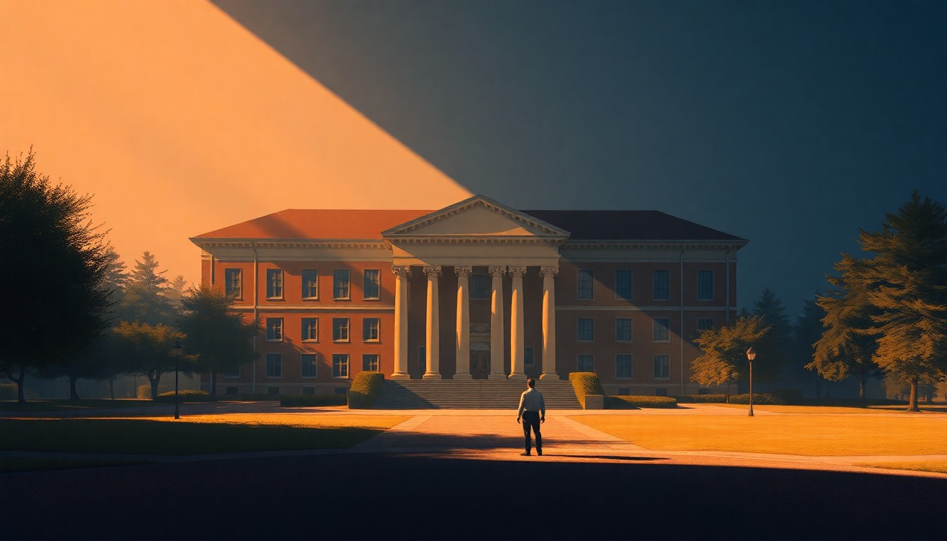 A serene, cinematic painting depicting a university campus building in warm, golden light, with a solitary figure standing in the foreground, conveying the contemplative mood and underlying tensions surrounding the public records controversy.