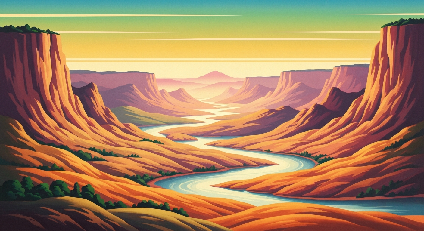 A highly stylized, geometric illustration depicting the sweeping landscapes and grand scale of the Ozark region, with towering hills, winding rivers, and a sense of timeless travel and adventure.