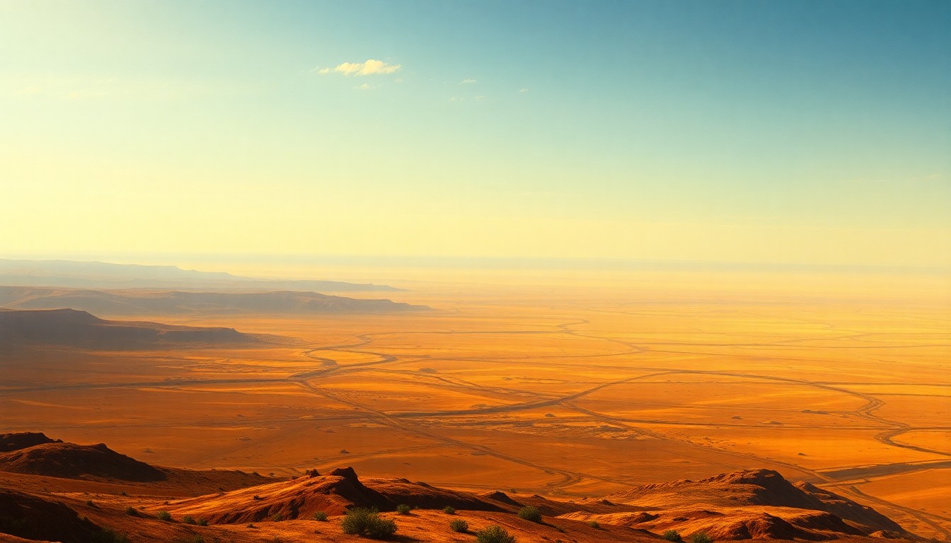 A sweeping, majestic landscape painting in muted earth tones, capturing the overwhelming scale and oppressive heat of the natural world during an extreme drought, with any physical structures or vegetation barely visible in the hazy distance.