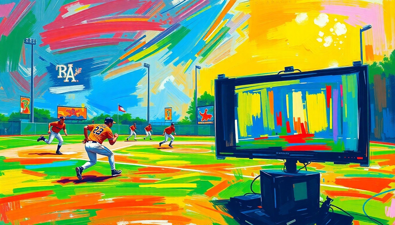 An abstract, expressionist painting in vibrant neon colors depicting baseball players practicing baserunning drills on a field, with a large TV in the foreground capturing the intensity and energy of the training session.