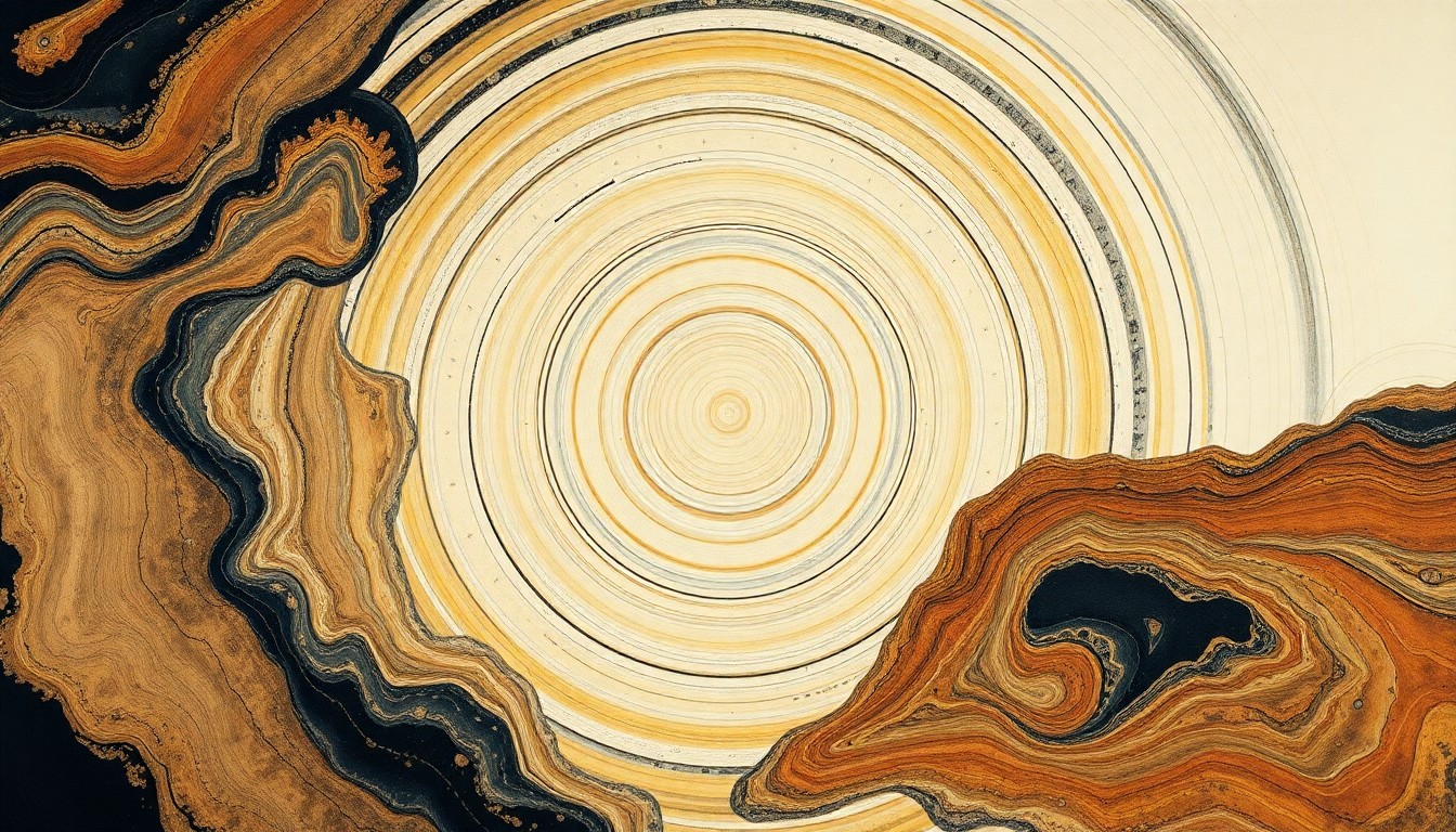A highly structured abstract painting in muted earth tones, featuring sweeping geometric arcs, concentric circles, and precise botanical spirals, conceptually representing the complex tectonic forces shaping the Yellowstone region.