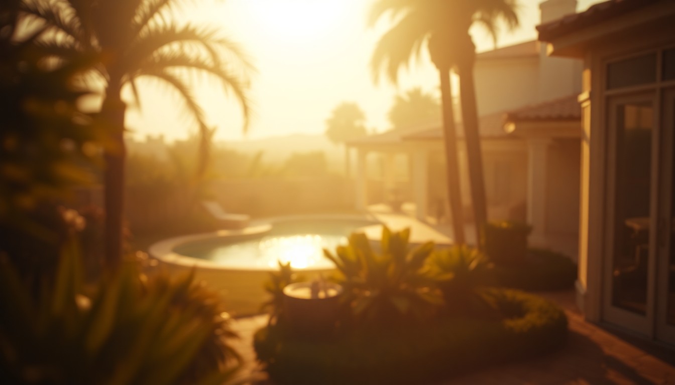 An extremely abstracted, out-of-focus photograph in soft pools of warm color and light, depicting a lush, landscaped backyard with a shimmering pool and glimpses of the home's exterior architecture.