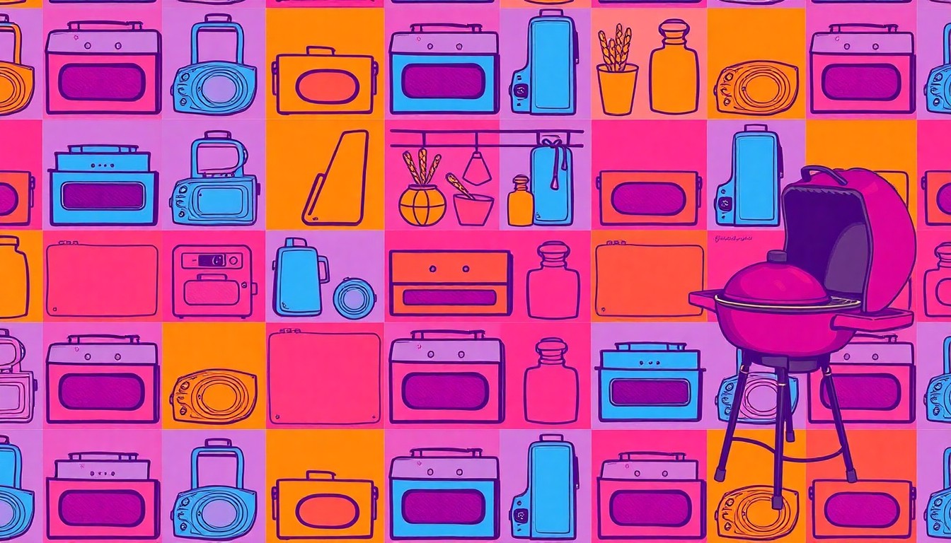 A brightly colored, high-contrast silkscreen print of an outdoor kitchen setup, including a gas grill, side burner, and Kamado cooker, repeated in a tight grid pattern to create a modern pop art interpretation of a luxury home amenity.