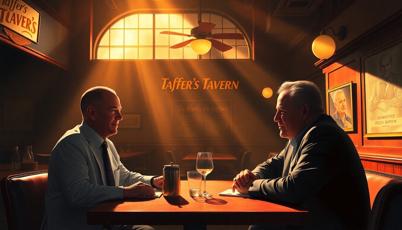A warm, cinematic painting of the interior of Taffer's Tavern restaurant, with Senator Rick Scott and Jon Taffer seated at a table engaged in conversation, conceptually illustrating their discussion about entrepreneurship and the 'American Dream'.